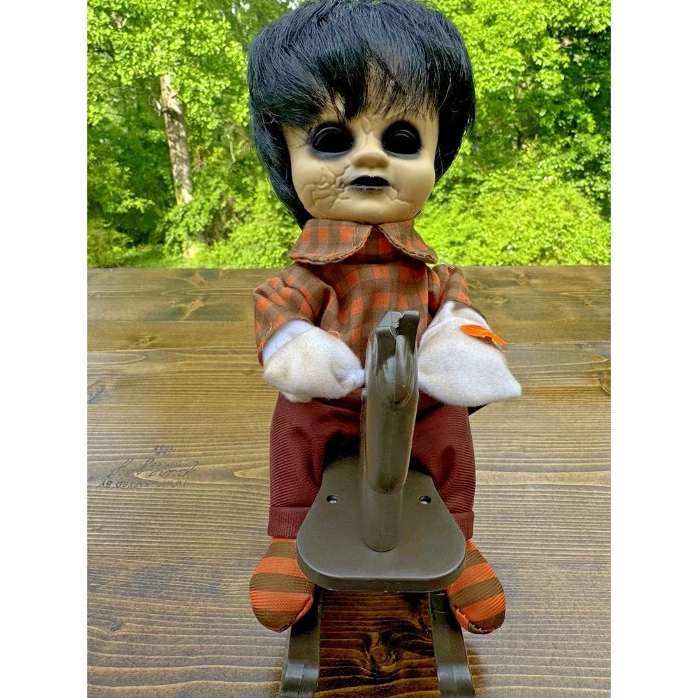 Creepy Animated Rocking Boy Doll Black Hollow Eyes Haunted Halloween Prop